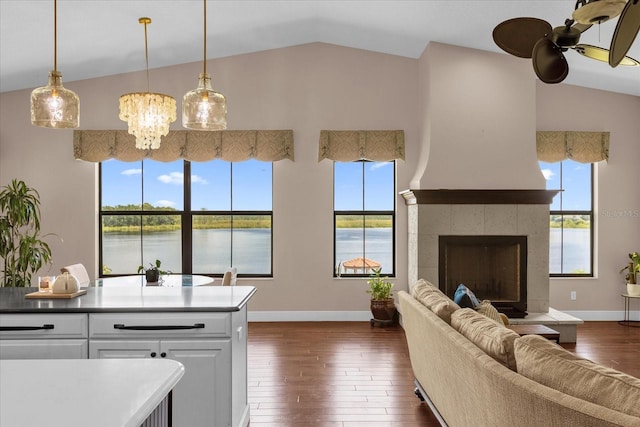 interior space featuring lofted ceiling, a fireplace, white cabinetry, and dark wood finished floors