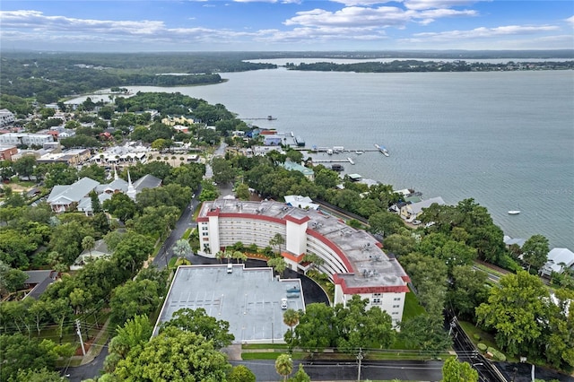 drone / aerial view with a water view