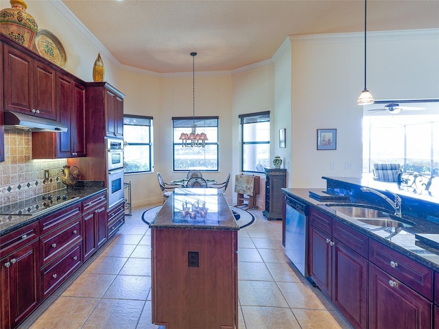 kitchen with dishwasher, light tile patterned floors, backsplash, black electric cooktop, and a kitchen island