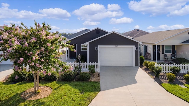 view of front of home with a front yard and a garage