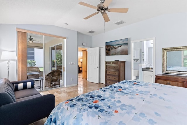 bedroom with lofted ceiling, ensuite bath, ceiling fan, and access to exterior