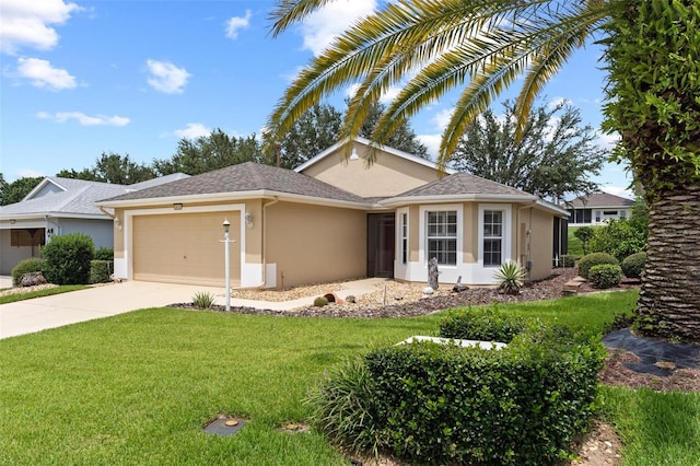 single story home featuring a front lawn and a garage