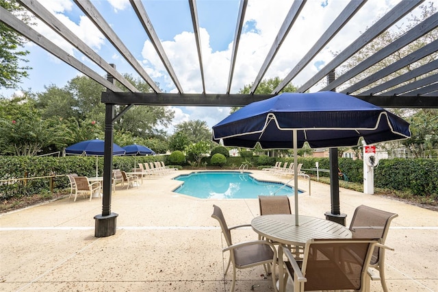 view of swimming pool with a pergola and a patio area