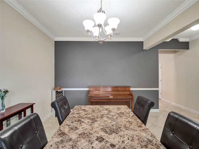 tiled dining space featuring a notable chandelier and ornamental molding