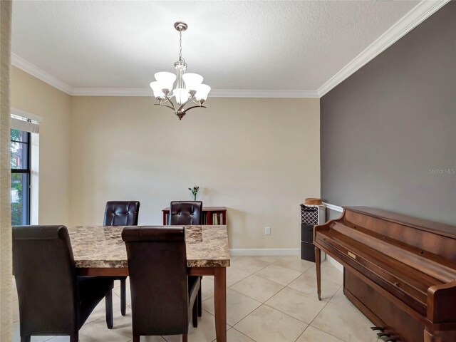 tiled dining area featuring an inviting chandelier and crown molding