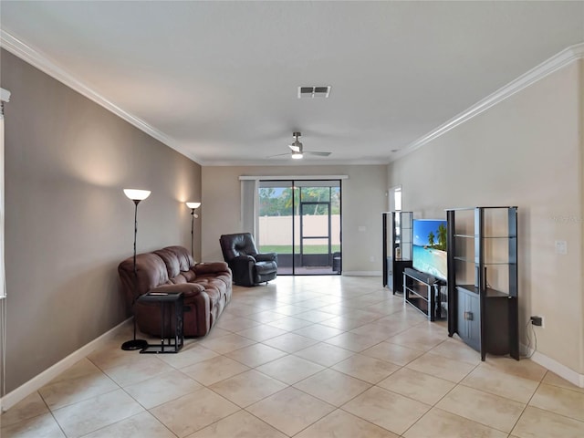 living room featuring light tile patterned floors, crown molding, and ceiling fan