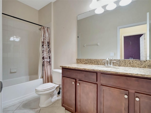 full bathroom featuring tile patterned floors, toilet, vanity, and shower / tub combo with curtain