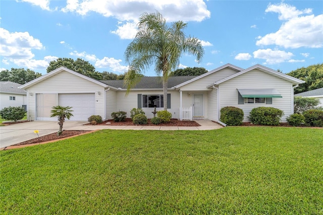 single story home featuring a front lawn and a garage