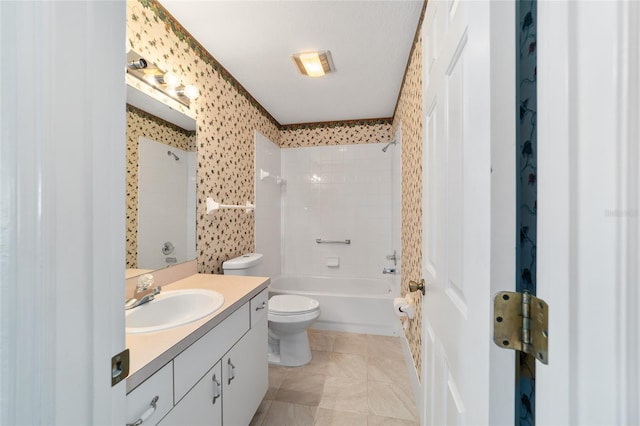 full bathroom with tiled shower / bath combo, vanity, toilet, and tile patterned floors