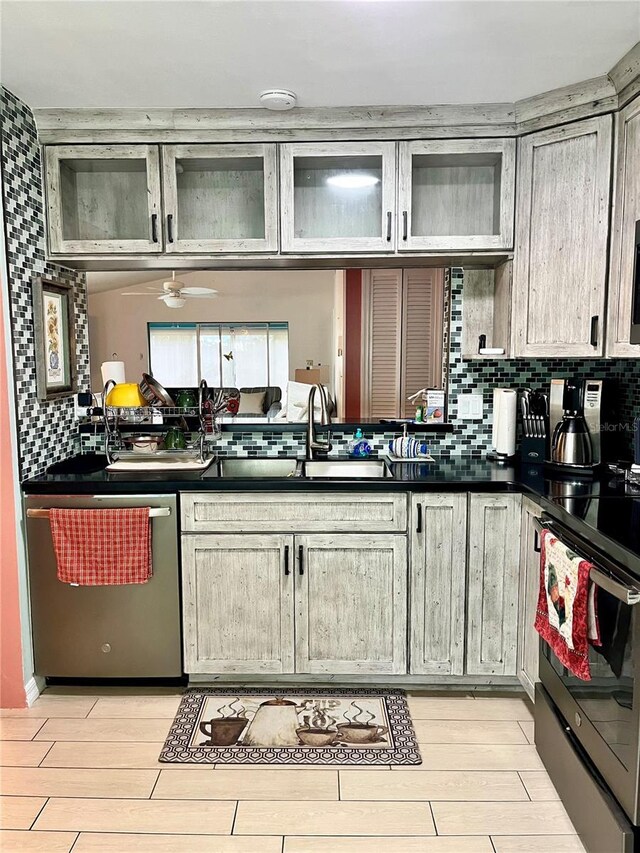 kitchen featuring range with electric stovetop, dishwasher, ceiling fan, sink, and backsplash