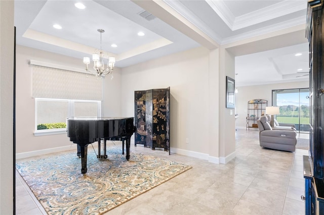 miscellaneous room featuring a raised ceiling, an inviting chandelier, and light tile patterned floors