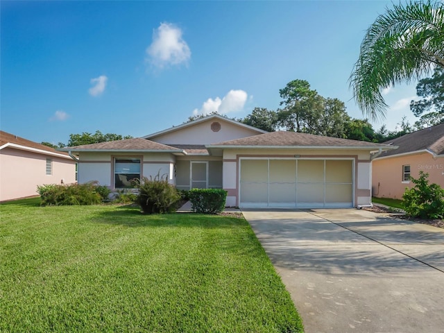 single story home featuring stucco siding, driveway, a garage, and a front lawn