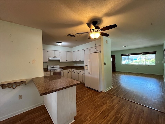 kitchen featuring ceiling fan, white cabinetry, kitchen peninsula, dark wood-type flooring, and white appliances