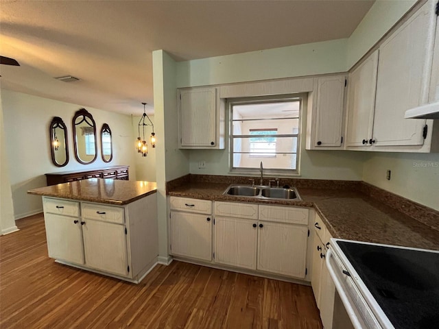 kitchen featuring stove, hardwood / wood-style floors, white cabinets, sink, and kitchen peninsula