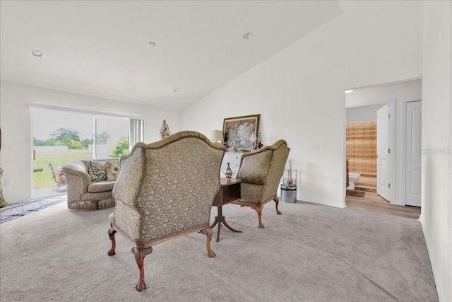 living room featuring high vaulted ceiling and light hardwood / wood-style floors