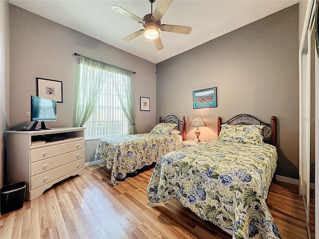 bedroom with ceiling fan and light wood-type flooring