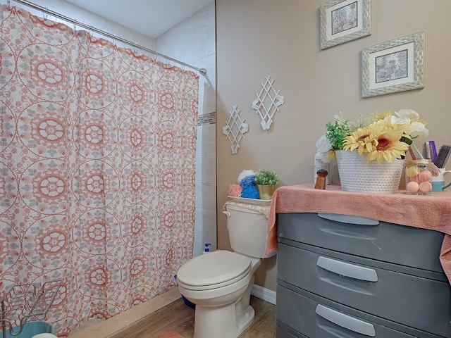 bathroom with toilet, vanity, and hardwood / wood-style flooring