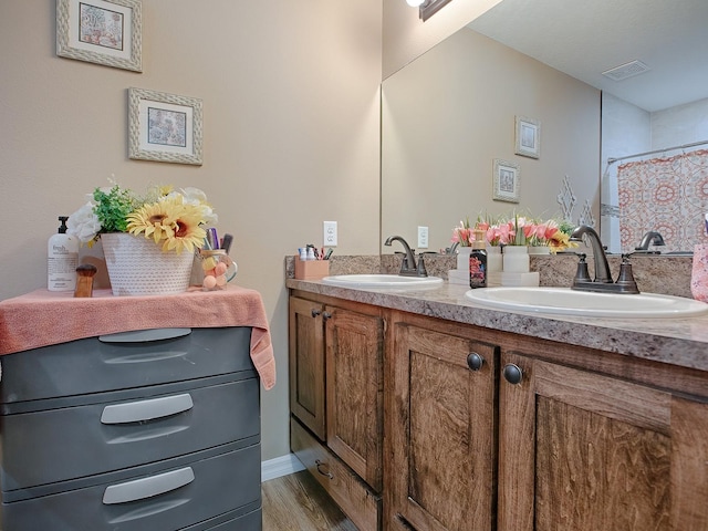 bathroom featuring wood-type flooring and double sink vanity