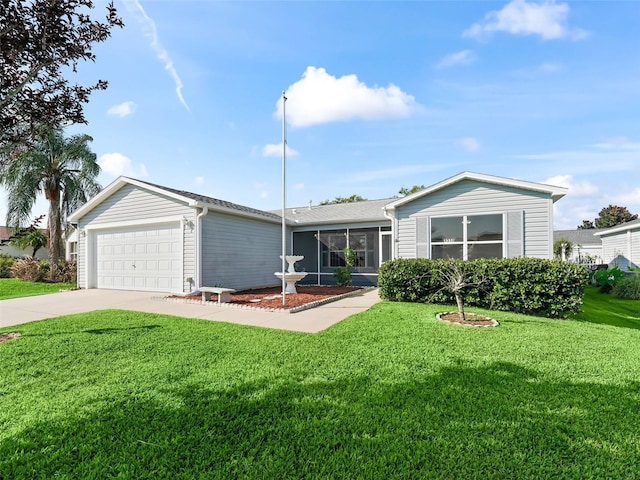 ranch-style house with a garage and a front lawn