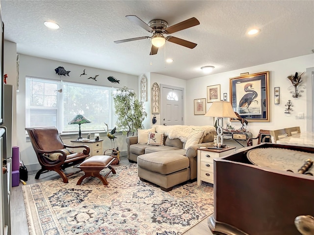 living room with ceiling fan, light wood-type flooring, and a textured ceiling