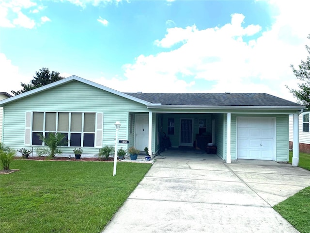 single story home with a garage and a front yard