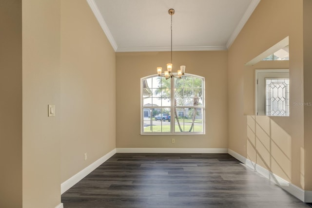 unfurnished dining area featuring dark hardwood / wood-style flooring, a notable chandelier, and ornamental molding