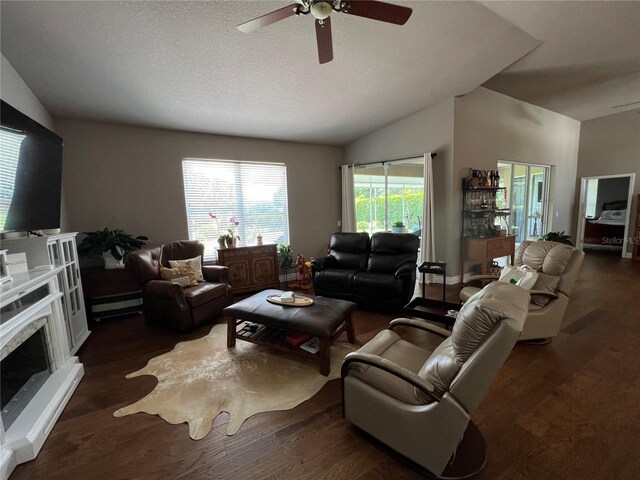 living room with lofted ceiling, ceiling fan, dark hardwood / wood-style flooring, and a textured ceiling