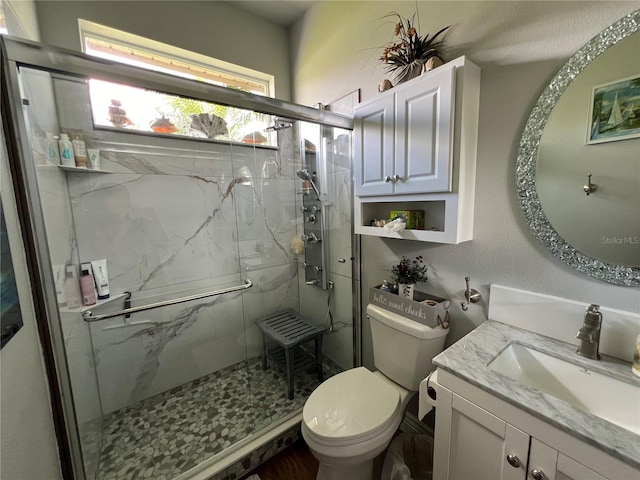 bathroom featuring toilet, a shower with door, and vanity