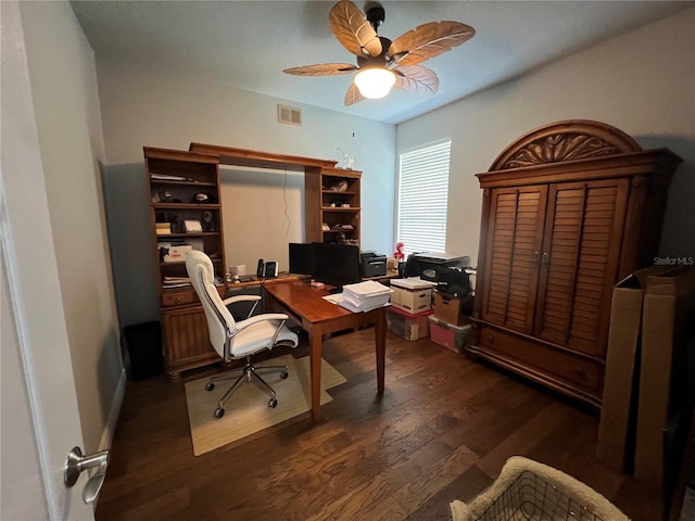 office featuring dark hardwood / wood-style flooring and ceiling fan