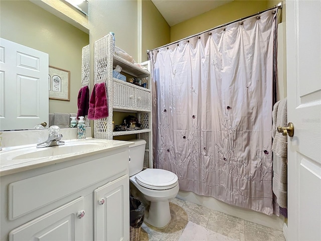 full bathroom with vanity, toilet, and shower / bath combo with shower curtain