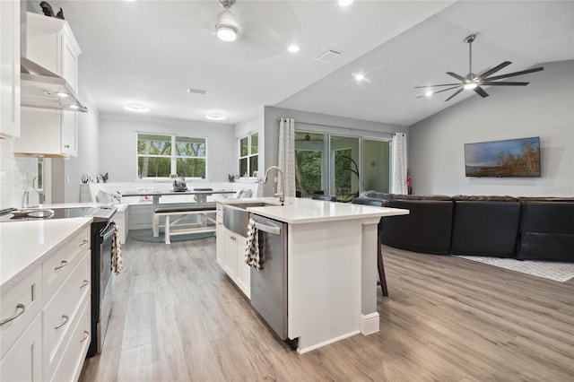 kitchen with light wood-type flooring, ceiling fan, vaulted ceiling, appliances with stainless steel finishes, and white cabinets