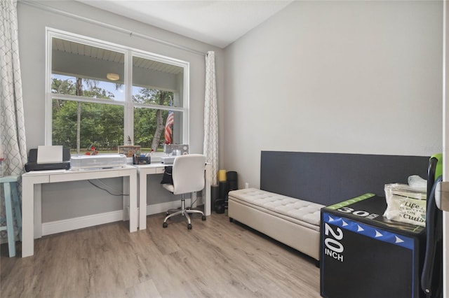 office with lofted ceiling and light hardwood / wood-style floors