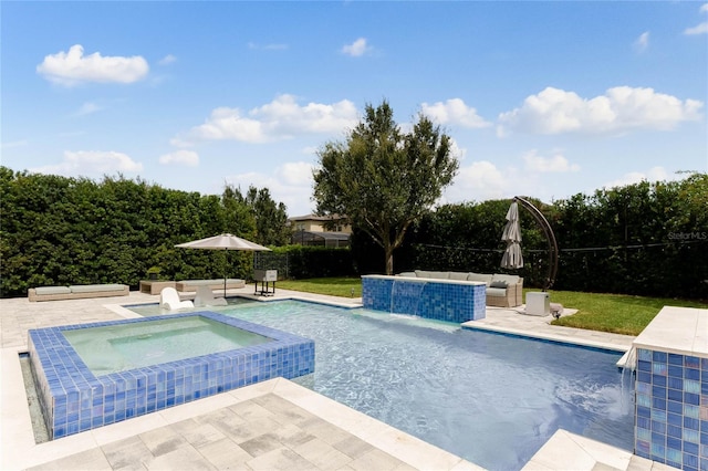 view of swimming pool with an outdoor hangout area, a patio, pool water feature, and an in ground hot tub