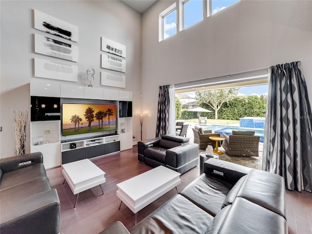 living room featuring a wealth of natural light, a high ceiling, and wood-type flooring