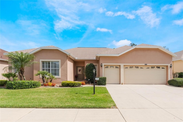 single story home featuring a garage, concrete driveway, a front lawn, and stucco siding