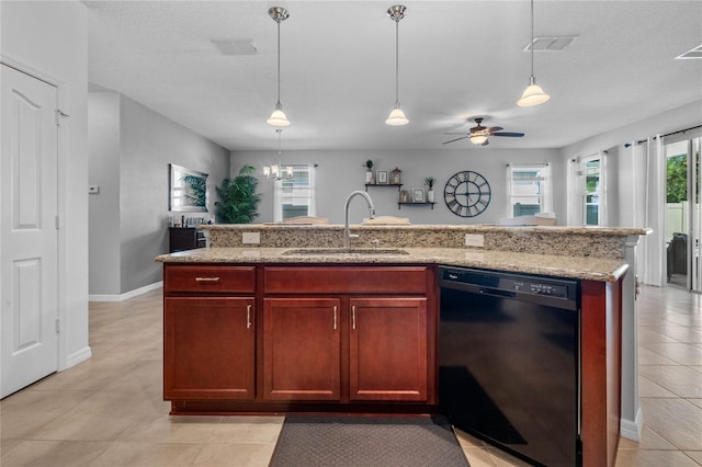 kitchen with black dishwasher, visible vents, hanging light fixtures, dark brown cabinets, and a sink