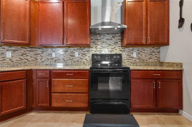 kitchen with black range with electric stovetop, light tile patterned floors, decorative backsplash, light stone countertops, and wall chimney range hood