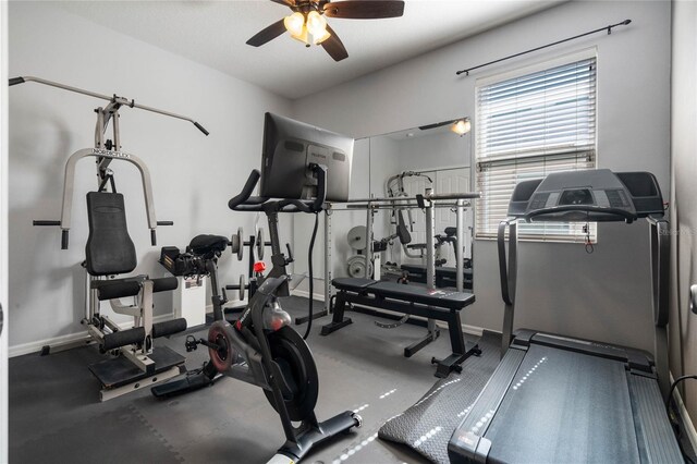 workout area featuring ceiling fan