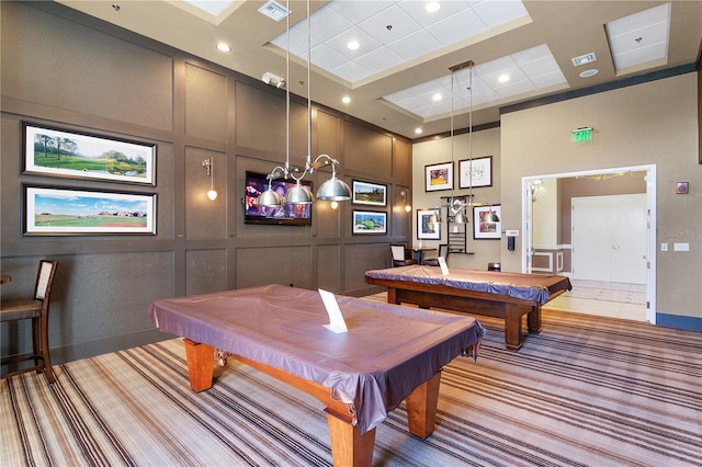 playroom featuring pool table, a high ceiling, and coffered ceiling