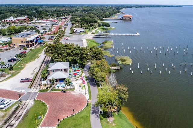 bird's eye view with a water view