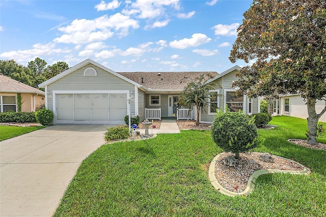 single story home featuring a garage, driveway, a porch, and a front yard