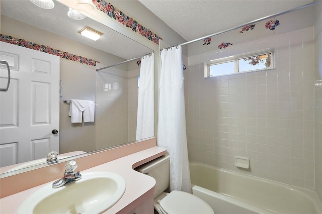 bathroom featuring a textured ceiling, vanity, toilet, and shower / tub combo with curtain