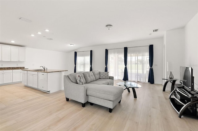 living room featuring sink and light wood-type flooring