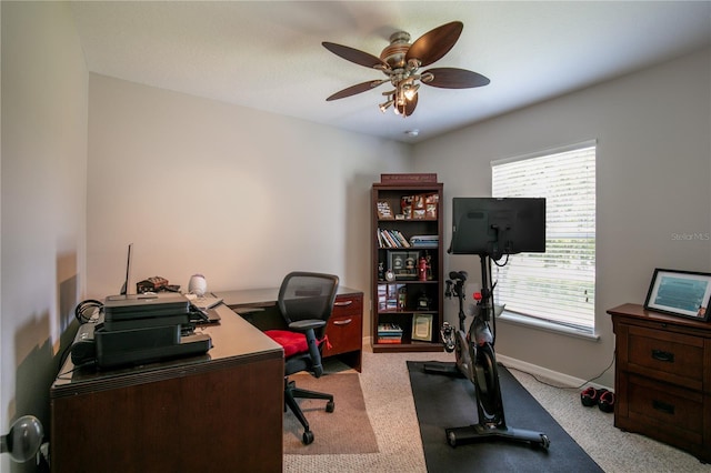 carpeted office space featuring ceiling fan and baseboards