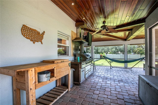 view of patio / terrace with outdoor dry bar, grilling area, area for grilling, fence, and ceiling fan