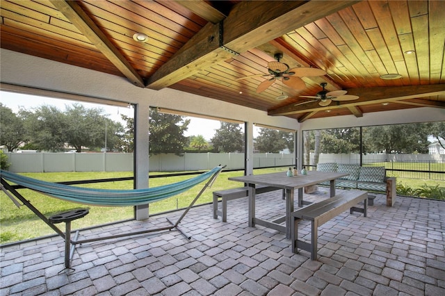 sunroom / solarium featuring wooden ceiling and beam ceiling