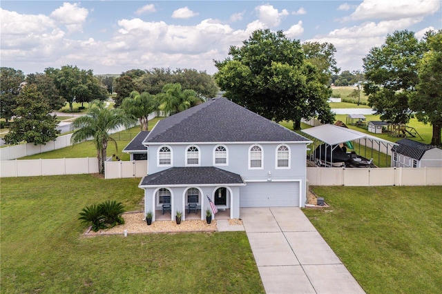 view of front of home featuring an attached garage, fence, driveway, stucco siding, and a front lawn