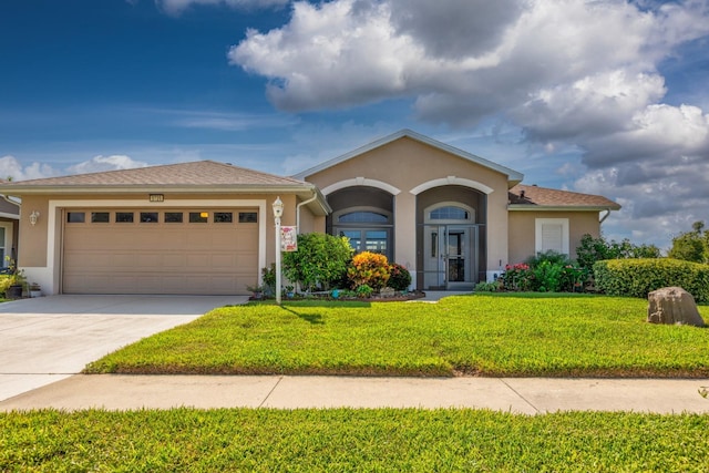 view of front facade with a front yard and a garage