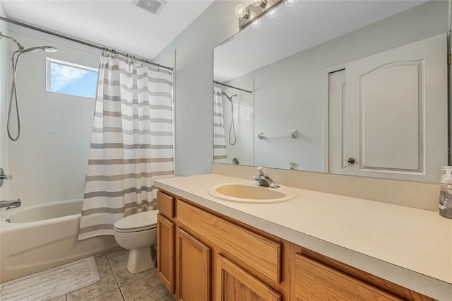 full bathroom with toilet, vanity, shower / tub combo with curtain, and tile patterned flooring