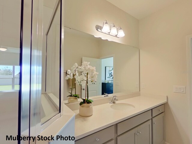 bathroom with a shower with shower door and vanity